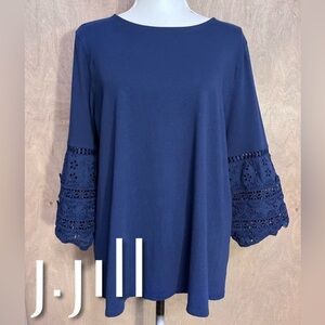 J.JILL Cobalt Knit Top Broderie Lace Sleeves L